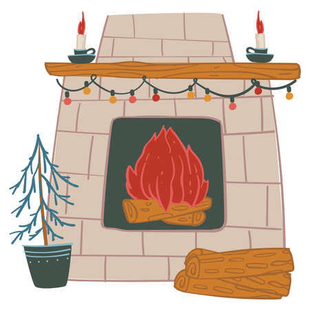 Fireplace decorated with garlands and candles, home interiorのイラスト素材