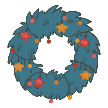 Christmas pine branches wreath with garlands and starsのイラスト素材