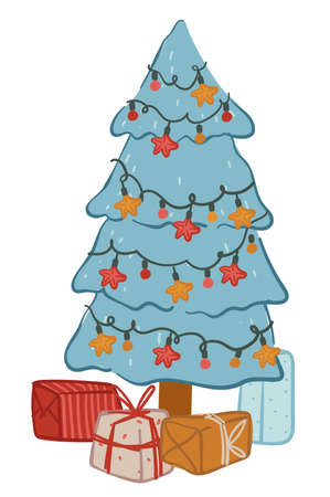 Pine tree decorated with garlands and presents vectorのイラスト素材