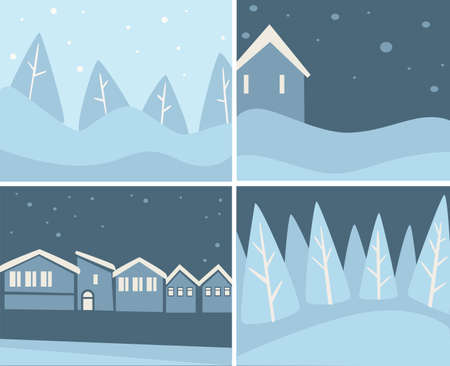 Wintertime scenery set, landscapes and cityscapes with snowflakes vectorのイラスト素材