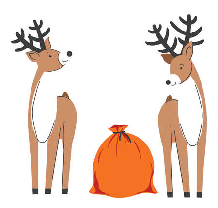 Reindeers with sack of presents, Christmas timeのイラスト素材