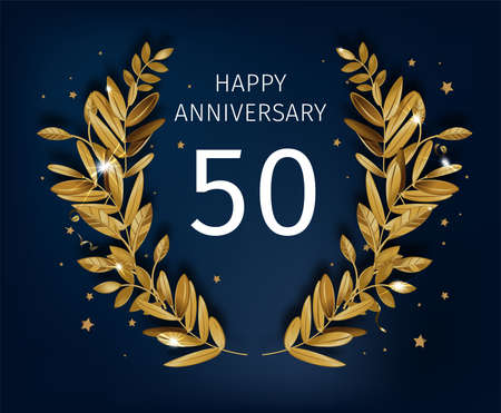 Celebrating golden anniversary, festive banner with gold laurel wreath and inscription. Spending 50 years in marriage. Congratulation or greeting card with decorative foliage. Vector in flat styleの写真素材