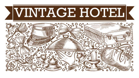 Vintage hotel symbolic icons monochrome sketchのイラスト素材
