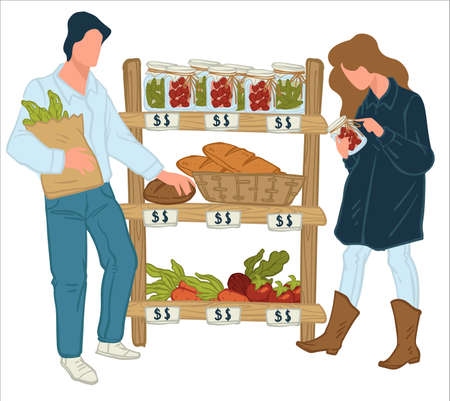 People buying organic farm vegetables and picklesのイラスト素材
