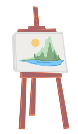 Easel with landscape painting, mountains and riverのイラスト素材