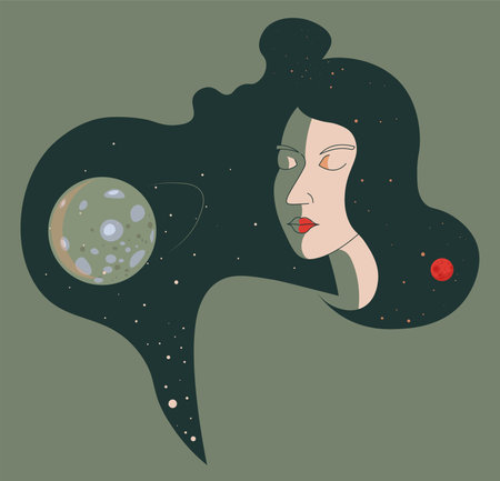 Female portrait and moon planet in cosmos vectorのイラスト素材