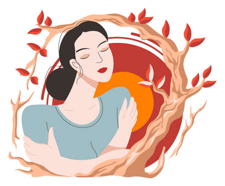 Female character portrait and autumn branch vectorのイラスト素材