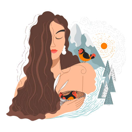 Feminine character with birds, mother nature ladyのイラスト素材