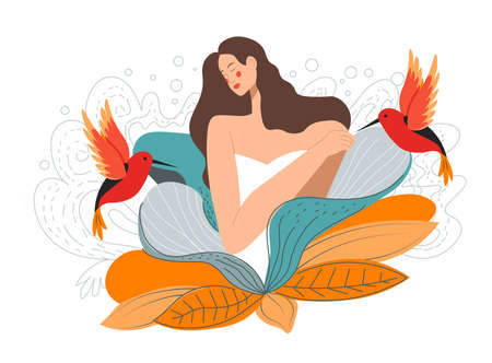 Mother nature, feminine woman flowers and birdのイラスト素材