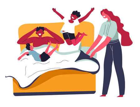 Family fun, kids jumping on bed in bedroom vectorのイラスト素材