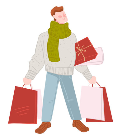 Winter shopping season, man with bags and presentsのイラスト素材