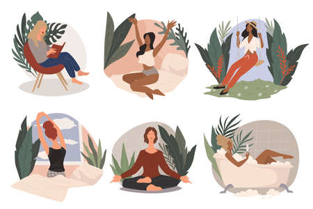 Woman relaxing in spa or home, resting lady vectorのイラスト素材
