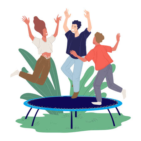 Adult friends jumping on trampoline, fun weekendsのイラスト素材