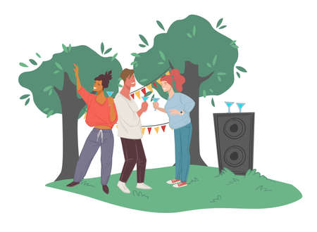 Friends gathered for weekend party in backyardのイラスト素材