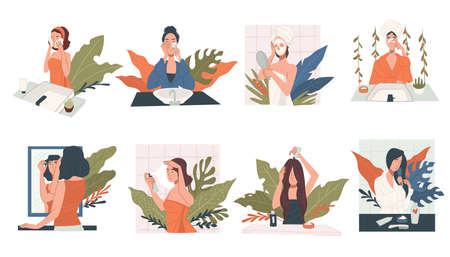 Female characters doing beauty procedures at homeのイラスト素材