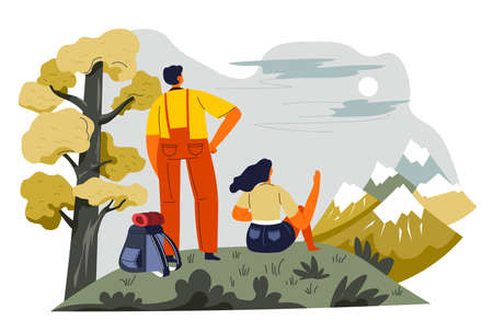 Man and woman enjoying mountains view on summitのイラスト素材