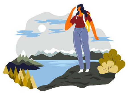 Woman looking at mountains lake standing on topのイラスト素材