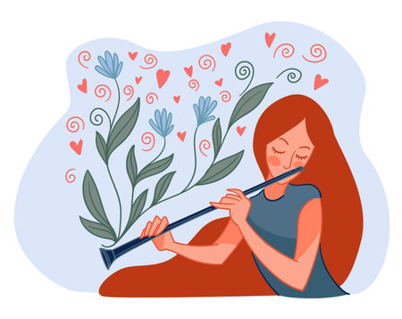 Woman playing flute, girl with musical instrumentのイラスト素材