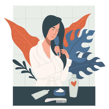 Female character combing hair and caring for lookのイラスト素材