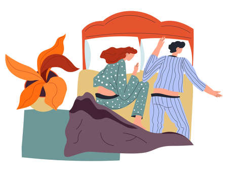 Couple sleeping in bed, man and woman in bedroomのイラスト素材
