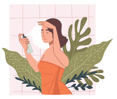 Woman using spay for face, care and treatmentのイラスト素材
