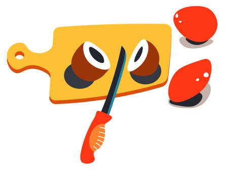 Cutting coconut with knife on wooden board vectorのイラスト素材