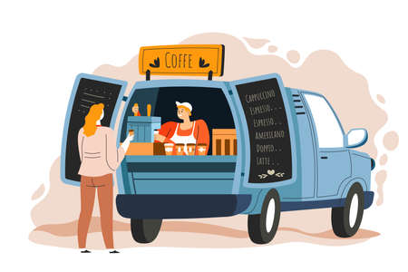 Coffee truck seller and customer at street vectorのイラスト素材