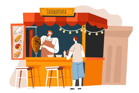 Street food, shawerma stall with seller and clientのイラスト素材