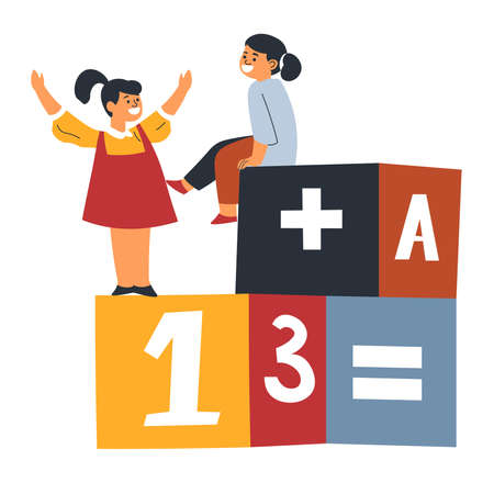 Girls playing cubes with maths numbers and lettersのイラスト素材