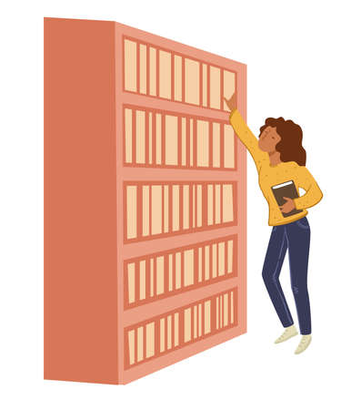 Woman looking for book in bookcase store libraryのイラスト素材