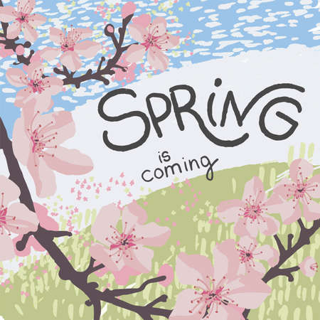Spring is coming, sakura tree in blossom in marchのイラスト素材