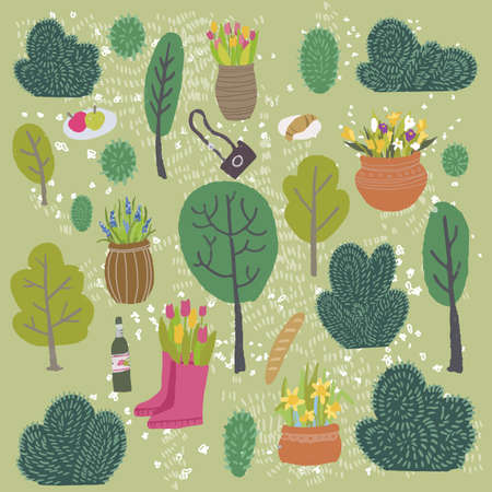 Nature in spring, park with trees and plants bushのイラスト素材