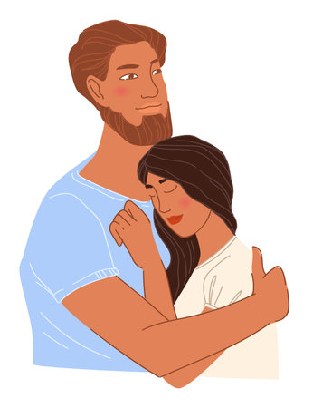 Bearded man and woman in love, couple cuddlingのイラスト素材