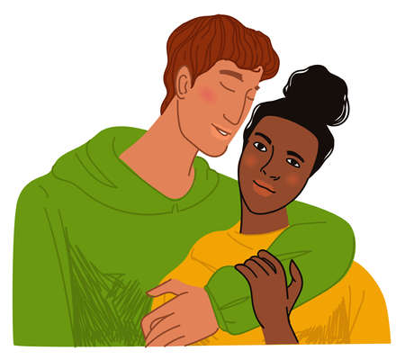 Man and woman hugging, multiracial couple datingのイラスト素材