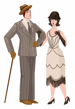 Couple wearing traditional retro vintage clothesのイラスト素材