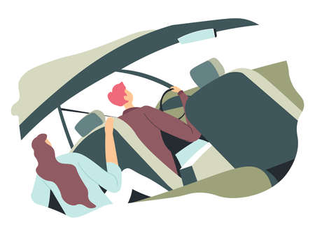 Car trip of man and woman, couple or family vectorのイラスト素材