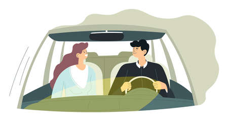 Man and woman driving car, couple on trip vectorのイラスト素材