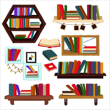 Books and textbooks on shelves, home furnitureのイラスト素材