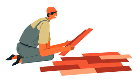Builder renovating floor, laying parquet vectorのイラスト素材