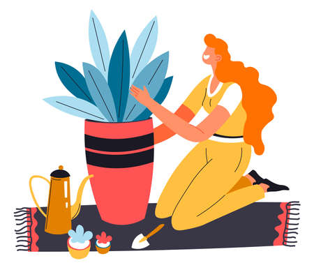 Housewife caring for plant, gardening hobby vectorのイラスト素材
