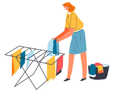 Woman hanging washed wet clothes for drying vectorのイラスト素材