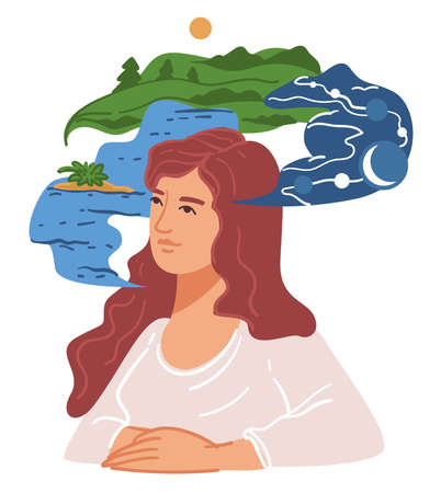 Female character thinking on holidays and relaxのイラスト素材