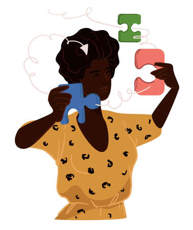 Woman solving problem by putting puzzles togetherのイラスト素材