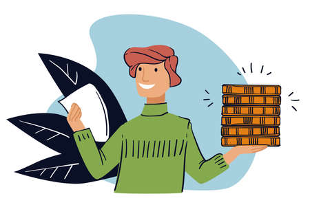 Male character happy of interest from bank, man holding pile of coins, saving money for future. Accounting and banking, economy and investing financial assets. Donation, vector in flat styleのイラスト素材