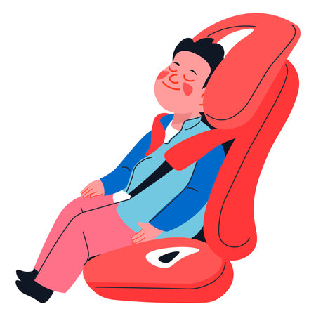 Child boy sleeping in comfy children car seatのイラスト素材
