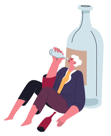 Alcohol addiction, man drinking booze alcoholismのイラスト素材