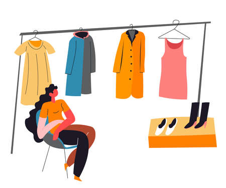 Woman selling vintage clothes, market second handのイラスト素材