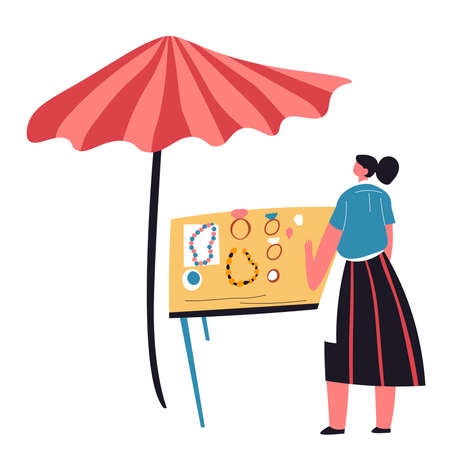 Woman selling jewelry of handmade accessoriesのイラスト素材
