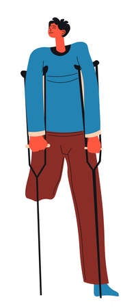 Young man with amputated leg walks on crutchesのイラスト素材