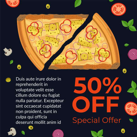 Pizzeria special offer 50 off reduction on pizzaのイラスト素材